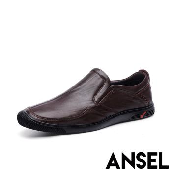 【ANSEL】真皮樂福鞋平底樂福鞋/真皮頭層牛皮復古折線個性平底樂福鞋-男鞋 棕