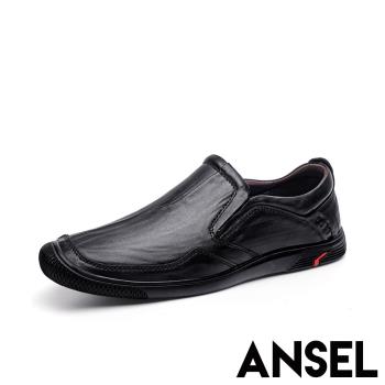 【ANSEL】真皮樂福鞋平底樂福鞋/真皮頭層牛皮復古折線個性平底樂福鞋-男鞋 黑