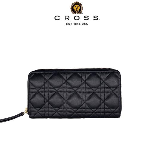 【CROSS】限量1折 頂級NAPPA小牛皮藤格紋拉鍊長夾 全新專櫃展示品(黑色 附原廠送禮提袋)