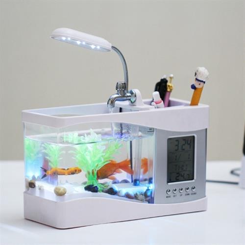 [環球嚴選] USB居家辦公室桌面魚缸水族箱LED檯燈年曆收納寵物魚缸 顏色:白色