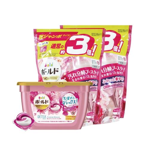 日本P&G Ariel/Bold新3D立體3合1超濃縮洗衣凝膠球牡丹花香(粉紅)17顆x1盒+補充包46顆x2袋(柔軟護衣洗衣球/洗衣膠囊)