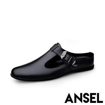 【ANSEL】包頭拖鞋真皮拖鞋/真皮頭層牛皮復古T字釦帶時尚包頭紳士拖鞋-男鞋 黑