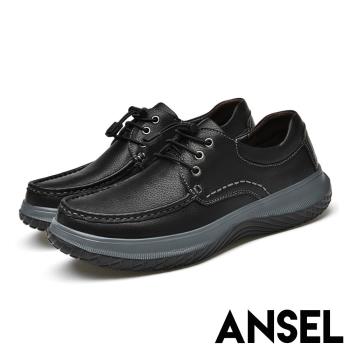 【ANSEL】厚底休閒鞋真皮休閒鞋/全真皮頭層牛皮立體滾邊縫線厚底綁帶休閒鞋-男鞋 黑