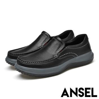 【ANSEL】厚底樂福鞋休閒樂福鞋/全真皮頭層牛皮立體滾邊縫線厚底休閒樂福鞋-男鞋 黑