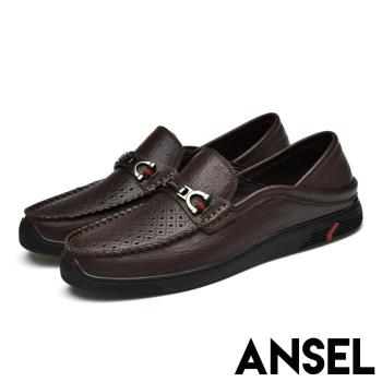【ANSEL】縷空樂福鞋休閒樂福鞋/全真皮頭層牛皮縷空透氣兩穿法設計舒適休閒樂福鞋-男鞋 咖