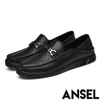 【ANSEL】縷空樂福鞋休閒樂福鞋/全真皮頭層牛皮縷空透氣兩穿法設計舒適休閒樂福鞋-男鞋 黑