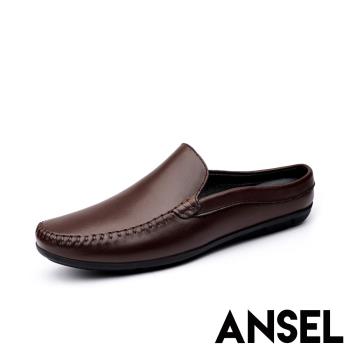 【ANSEL】真皮拖鞋紳士拖鞋/真皮經典純色素麵包頭紳士拖鞋-男鞋 棕