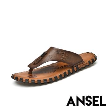 【ANSEL】人字拖鞋真皮拖鞋/真皮頭層牛皮復古皮雕造型休閒人字拖鞋-男鞋 咖