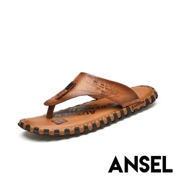【ANSEL】人字拖鞋真皮拖鞋/真皮頭層牛皮復古皮雕造型休閒人字拖鞋-男鞋 棕