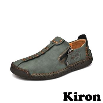 【Kiron】平底樂福鞋休閒樂福鞋/復古縫線擦色造型舒適休閒樂福鞋-男鞋 綠