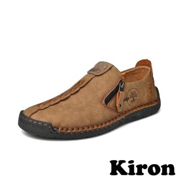 【Kiron】平底樂福鞋休閒樂福鞋/復古縫線擦色造型舒適休閒樂福鞋-男鞋 卡其