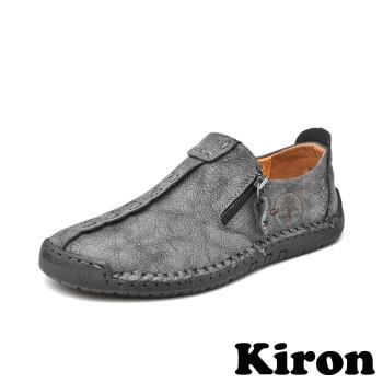 【Kiron】平底樂福鞋休閒樂福鞋/復古縫線擦色造型舒適休閒樂福鞋-男鞋 灰
