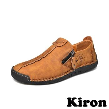 【Kiron】平底樂福鞋休閒樂福鞋/復古縫線擦色造型舒適休閒樂福鞋-男鞋 黃