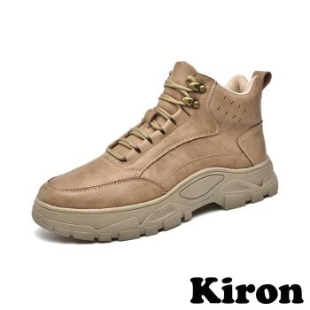 【Kiron】真皮運動鞋休閒運動鞋/潮流質感拼接時尚厚底休閒運動鞋-男鞋 卡其