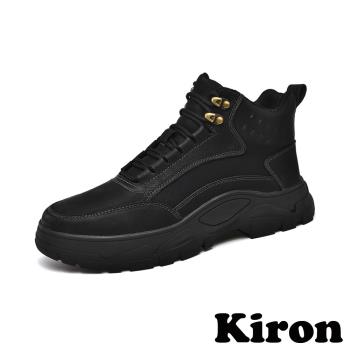 【Kiron】真皮運動鞋休閒運動鞋/潮流質感拼接時尚厚底休閒運動鞋-男鞋 黑