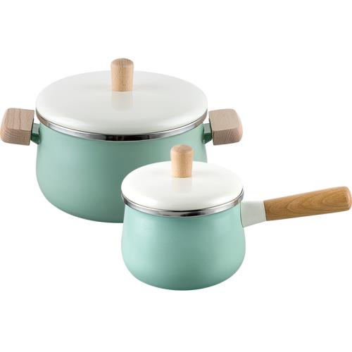 [環球嚴選] 寶寶副食品鍋 日式搪瓷奶鍋湯鍋 顏色:綠色兩件組