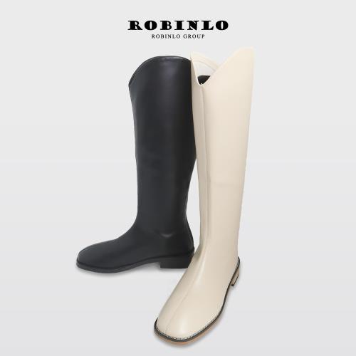 Robinlo優雅復古V口方頭西部牛仔靴 MARSAI-極簡黑/奶油白