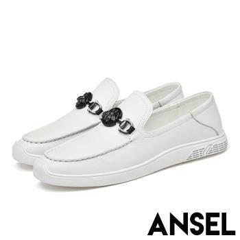 【ANSEL】真皮皮鞋休閒皮鞋/全真皮頭層牛皮小蜜蜂馬銜扣造型紳士休閒皮鞋-男鞋 白