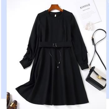 麗質達人 - 12553黑色腰綁帶假二件洋裝
