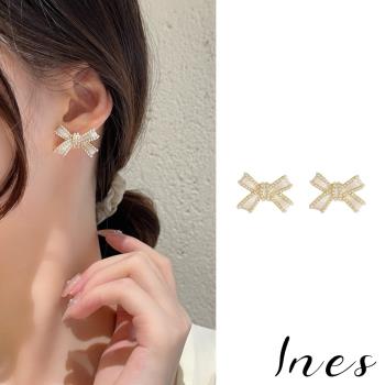 【INES】韓國設計925銀針法式氣質珍珠綴邊滴釉蝴蝶結造型耳環 (2色任選)