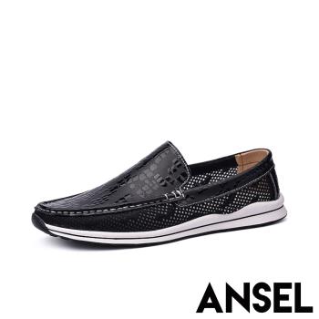 【ANSEL】真皮樂福鞋休閒樂福鞋/真皮透氣飛織拼接時尚休閒樂福鞋-男鞋 黑