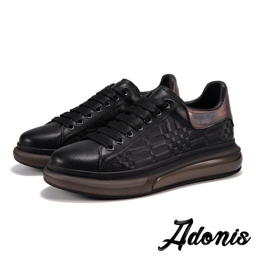 【Adonis】真皮休閒鞋厚底休閒鞋/真皮頭層牛皮經典立體壓紋拼接設計時尚休閒鞋-男鞋  黑