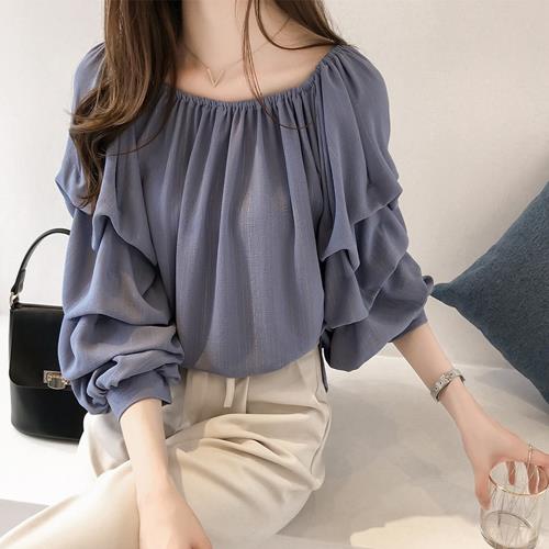【10衣綾】韓系女神氣質一字領蛋糕袖雪紡衫(百搭/透氣/舒適/3色M-4XL/KDT-8820)