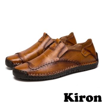 【Kiron】平底樂福鞋休閒樂福鞋/復古縫線拼接時尚休閒樂福鞋-男鞋 黃棕