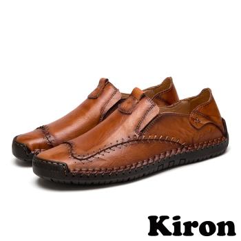 【Kiron】平底樂福鞋休閒樂福鞋/復古縫線拼接時尚休閒樂福鞋-男鞋 紅棕