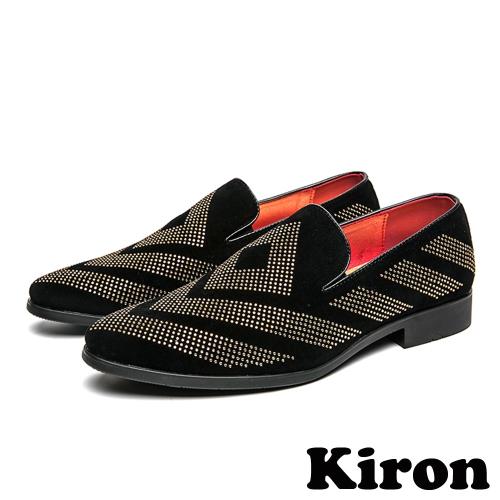 【Kiron】粗跟樂福鞋絨面樂福鞋/典雅絨面幾何菱形V字線條拼貼亮鑽潮流樂福鞋-男鞋  黑