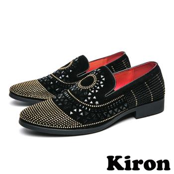 【Kiron】粗跟樂福鞋絨面樂福鞋/典雅絨面幾何太陽圖樣拼貼亮鑽潮流樂福鞋-男鞋 黑
