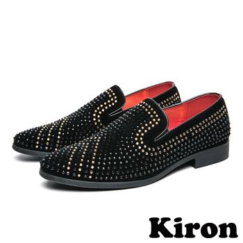 【Kiron】粗跟樂福鞋絨面樂福鞋/典雅絨面幾何V型線條拼貼亮鑽潮流樂福鞋-男鞋 黑