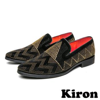 【Kiron】絨面樂福鞋粗跟樂福鞋/典雅絨面幾何波浪拼貼亮鑽潮流樂福鞋-男鞋 黑