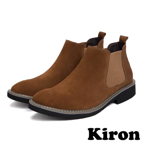 【Kiron】粗跟短靴切爾西短靴/百搭復古經典絨面時尚切爾西短靴-男鞋  卡其