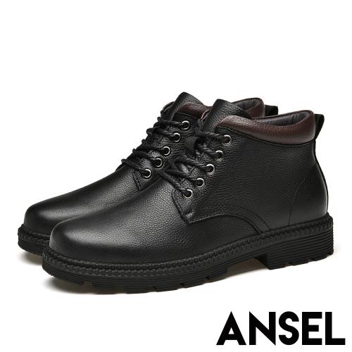 【ANSEL】真皮短靴粗跟短靴/真皮頭層牛皮紳士經典百搭時尚短靴-男鞋  黑
