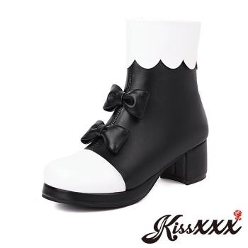 【Kissxxx】蝴蝶結短靴粗跟短靴/法式復古撞色拼接甜美蝴蝶結造型粗跟短靴 黑