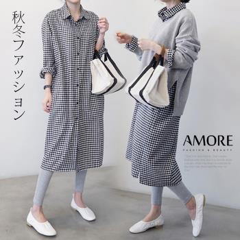 AM艾莫兒 韓系經典直格紋棉麻長袖長版襯衫