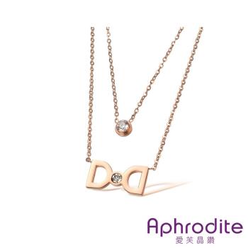 【Aphrodite 愛芙晶鑽】雙D玫瑰金鑲嵌水晶鋯石蝴蝶結造型鈦鋼項鍊