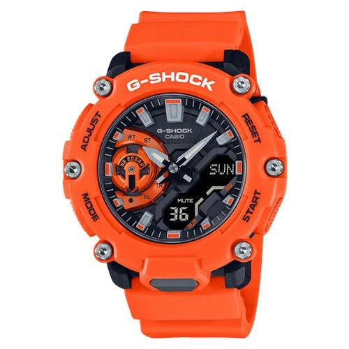 【CASIO 卡西歐】CASIO G-SHOCK 碳核心防護構造 防震 雙顯男錶 橙 樹脂錶帶 防水200米(GA-2200M-4A)