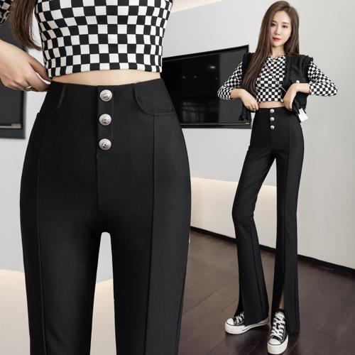 沐朵-玩美衣櫃彈力高腰三釦側拉鍊開衩微喇叭褲S-XL