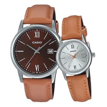 【CASIO 卡西歐】指標對錶 皮革錶帶 生活防水 礦物玻璃(MTP-V002L-5B3+LTP-V002L-7B3)
