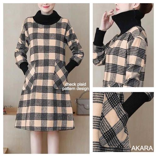AKARA 超有感冬fu拼接高領格紋洋裝連身裙