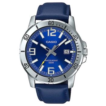【CASIO 卡西歐】指標錶 皮革錶帶 礦物玻璃 防水50米 日期顯示(MTP-VD01L-2B)