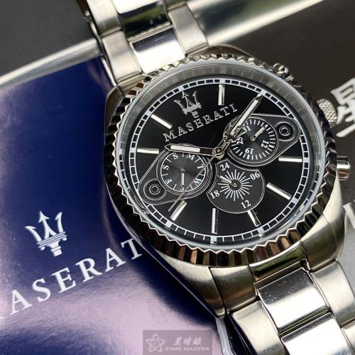 MASERATI 瑪莎拉蒂男錶 44mm 銀圓形精鋼錶殼 黑色三眼錶面款 R885300010