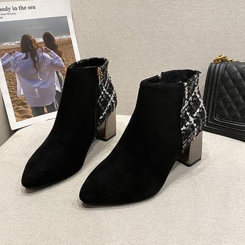 型-【Alice】 歐美曲線格紋美跟中短靴(踝靴 短靴 中筒靴 切爾西靴)