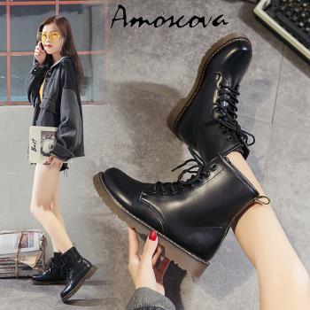 【Amoscova】夏日女靴 單靴 馬丁靴 綁帶 短靴 中筒靴 英倫復古 靴子重機靴 機車靴(1625)
