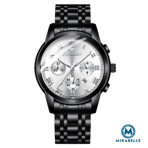 【Mirabelle】珍稀時光 羅馬日期顯示不鏽鋼男錶 黑帶白面