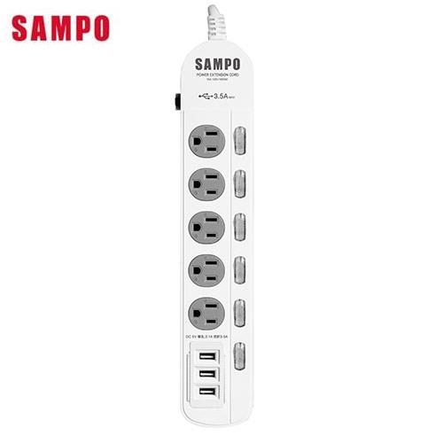 SAMPO 防雷擊六開五插保護蓋USB延長線EL-W65R4U3-4尺【愛買】