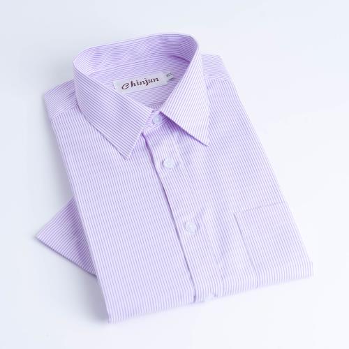 Chinjun抗皺商務襯衫，短袖，白底紫線條紋(s2014-1)