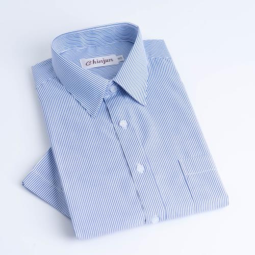 Chinjun抗皺商務襯衫，短袖，白底藍細條(s2014-4)